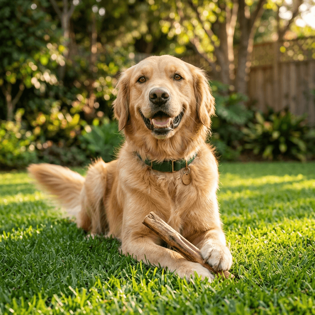 Happy golden retriever with a Cinnstick cinnamon wood chew on green grass